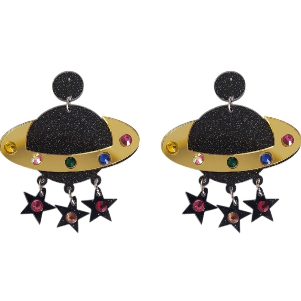 Women’s Jewelry Unique Cute Black and Gold Planet Earrings with Star Charms
